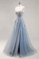 Load image into Gallery viewer, Dusty Blue A Line Strapless Sheer Corset Long Prom Dress