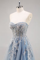 Load image into Gallery viewer, Dusty Blue A Line Strapless Sheer Corset Long Prom Dress