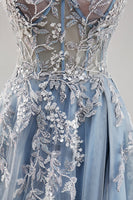 Load image into Gallery viewer, Dusty Blue A Line Strapless Sheer Corset Long Prom Dress