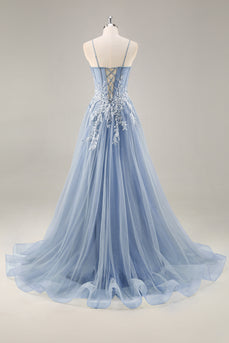 Dusty Blue A Line Strapless Sheer Corset Long Prom Dress
