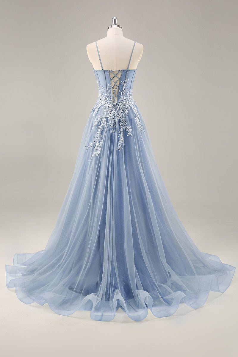 Load image into Gallery viewer, Dusty Blue A Line Strapless Sheer Corset Long Prom Dress