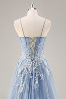 Load image into Gallery viewer, Dusty Blue A Line Strapless Sheer Corset Long Prom Dress