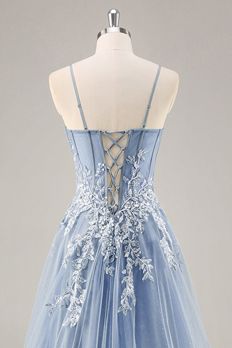 Load image into Gallery viewer, Dusty Blue A Line Strapless Sheer Corset Long Prom Dress