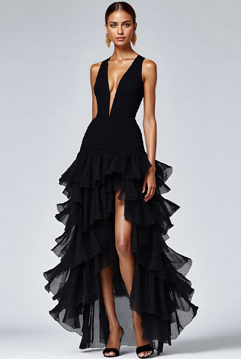 Hellymoon Women Black Formal Dress With Slit A Line V Neck Ruffled Long