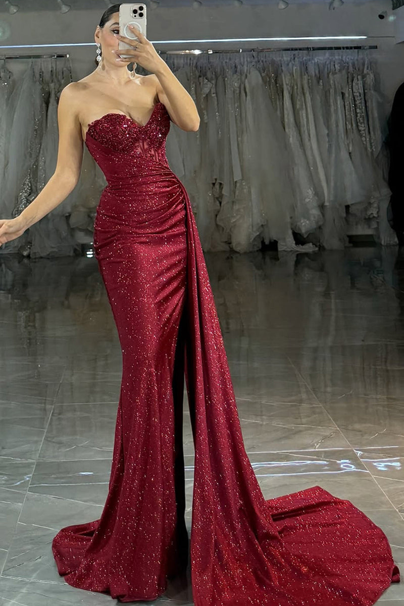 Hellymoon Women Sparkly Burgundy Prom Dress Strapless Mermaid Slit Long