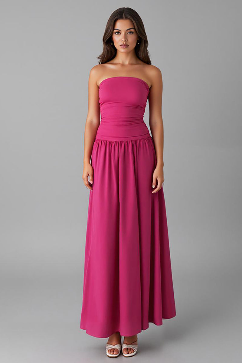 Load image into Gallery viewer, Simple Fuchsia Chiffon Strapless A Line Evening Dress