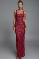 Load image into Gallery viewer, Dark Red Lace Square Neck Sheath Evening Dress