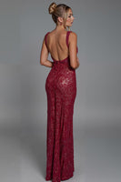 Load image into Gallery viewer, Dark Red Lace Square Neck Sheath Evening Dress