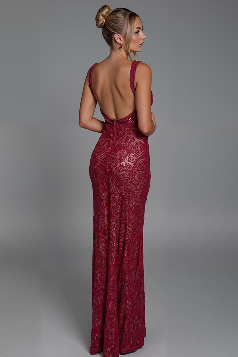 Load image into Gallery viewer, Dark Red Lace Square Neck Sheath Evening Dress