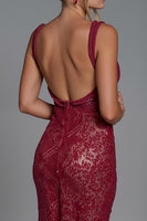 Load image into Gallery viewer, Dark Red Lace Square Neck Sheath Evening Dress