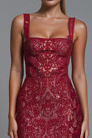 Load image into Gallery viewer, Dark Red Lace Square Neck Sheath Evening Dress