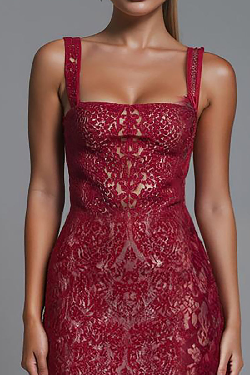 Load image into Gallery viewer, Dark Red Lace Square Neck Sheath Evening Dress