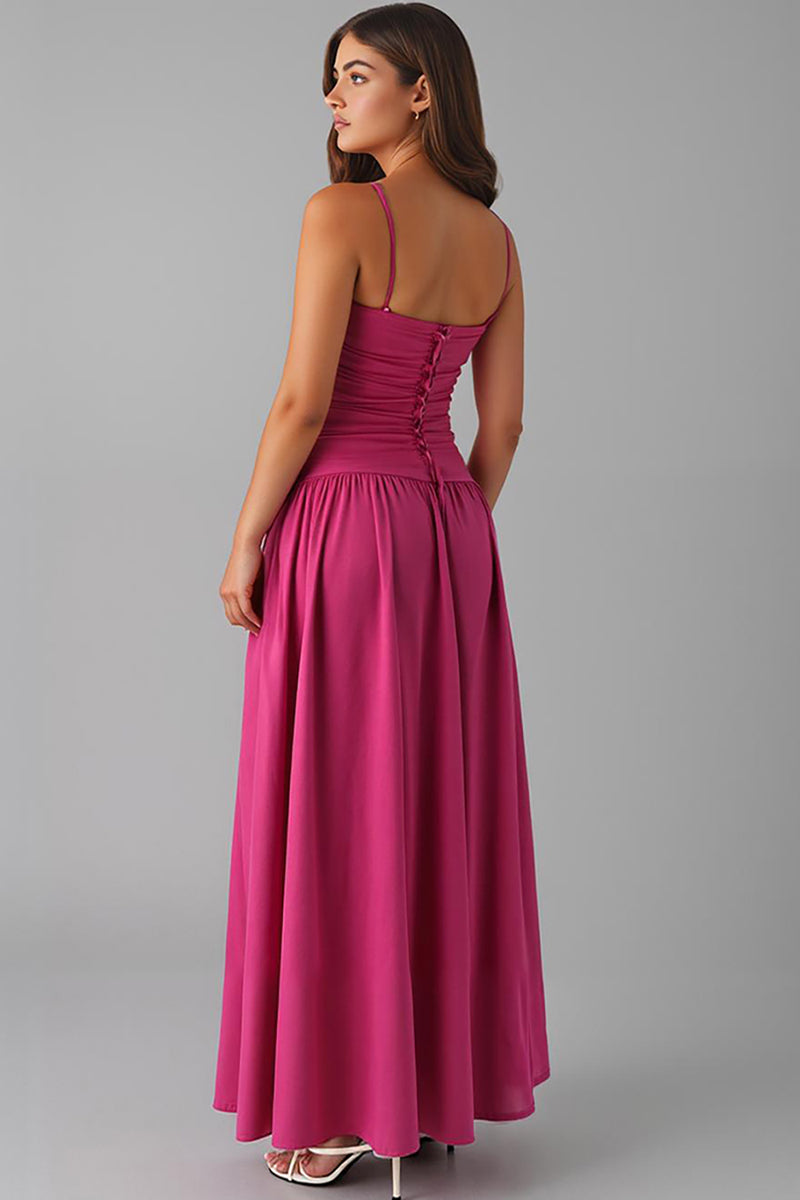 Load image into Gallery viewer, Spaghetti Straps A Line Fuchsia Cotton Evening Dress