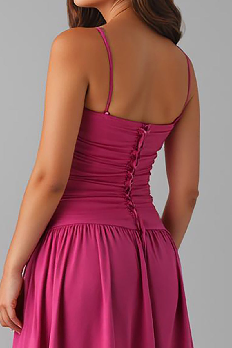 Load image into Gallery viewer, Spaghetti Straps A Line Fuchsia Cotton Evening Dress