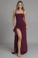 Load image into Gallery viewer, Dark Red Spaghetti Straps Sheath Satin Evening Dress with Slit