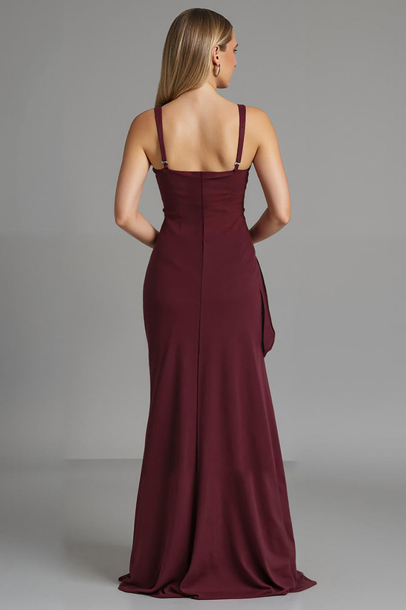Load image into Gallery viewer, Dark Red Spaghetti Straps Sheath Satin Evening Dress with Slit