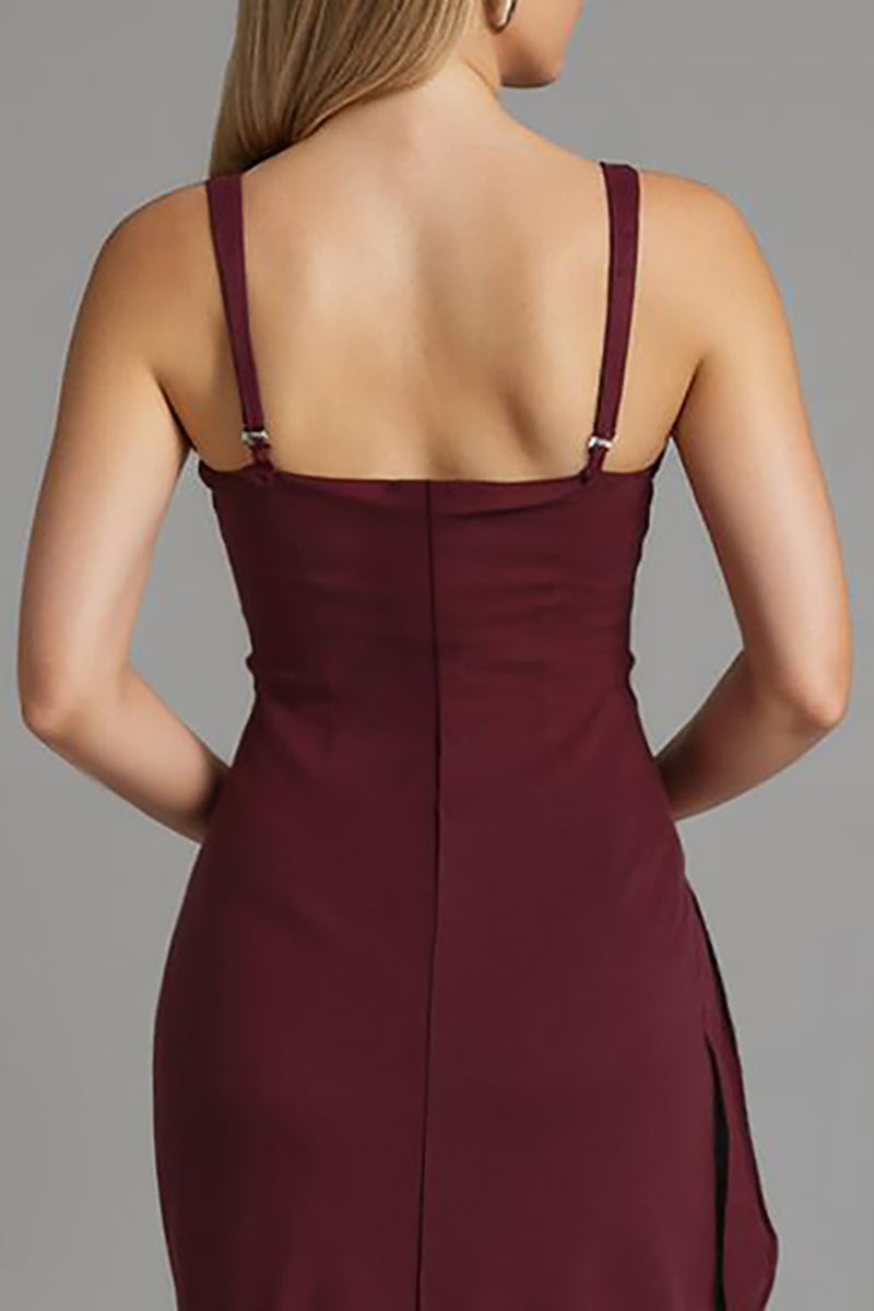 Load image into Gallery viewer, Dark Red Spaghetti Straps Sheath Satin Evening Dress with Slit