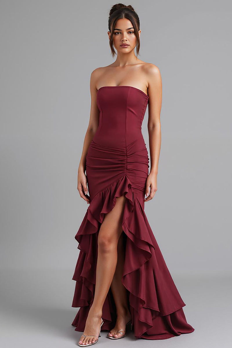 Load image into Gallery viewer, Dark Red Strapless Chiffon Mermaid High-Low Evening Dress