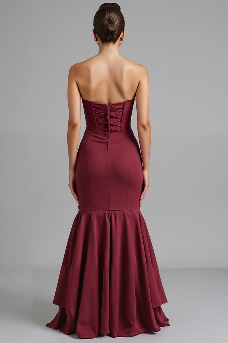 Load image into Gallery viewer, Dark Red Strapless Chiffon Mermaid High-Low Evening Dress