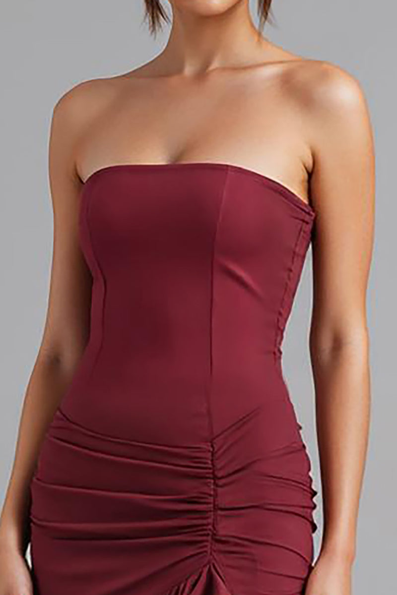 Load image into Gallery viewer, Dark Red Strapless Chiffon Mermaid High-Low Evening Dress