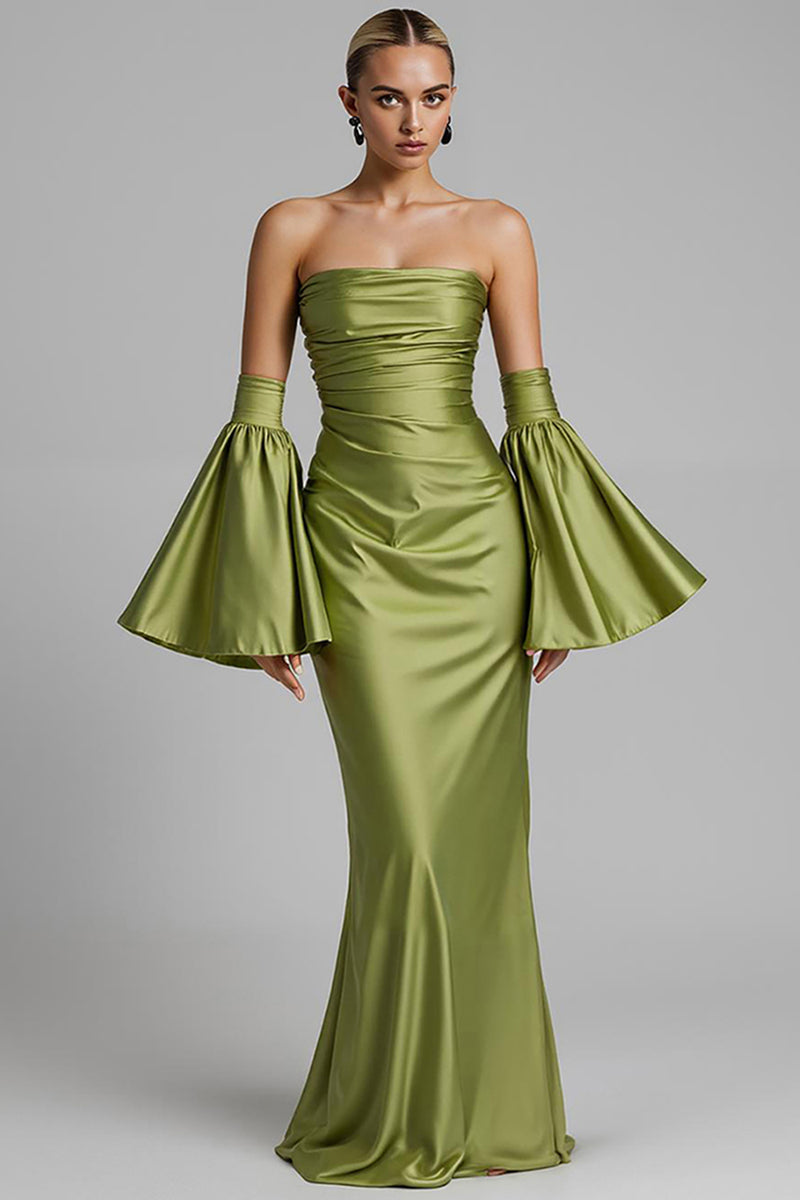 Load image into Gallery viewer, Turquoise Puff Sleeve Ruched Strapless Mermaid Evening Dress