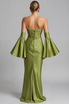 Turquoise Puff Sleeve Ruched Strapless Mermaid Evening Dress