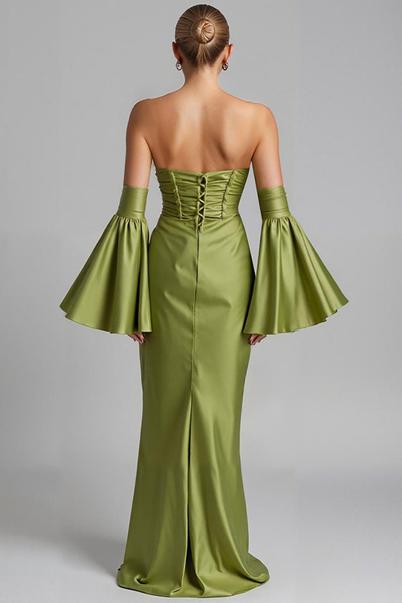 Load image into Gallery viewer, Turquoise Puff Sleeve Ruched Strapless Mermaid Evening Dress