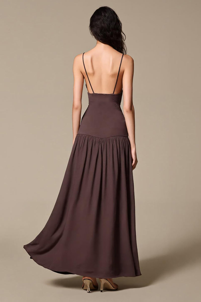 Load image into Gallery viewer, Coffee Chiffon A Line Spaghetti Straps Long Evening Dress