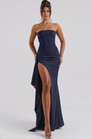 Load image into Gallery viewer, Simple Strapless Sheath Dark Blue Evening Dress with Slit
