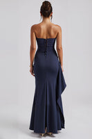 Load image into Gallery viewer, Simple Strapless Sheath Dark Blue Evening Dress with Slit