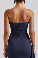 Load image into Gallery viewer, Simple Strapless Sheath Dark Blue Evening Dress with Slit