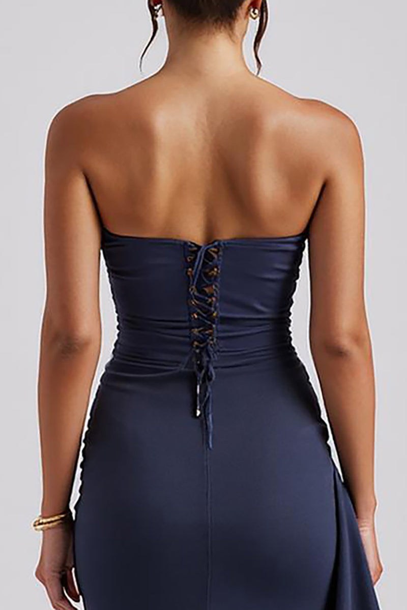 Load image into Gallery viewer, Simple Strapless Sheath Dark Blue Evening Dress with Slit
