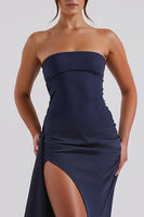 Load image into Gallery viewer, Simple Strapless Sheath Dark Blue Evening Dress with Slit