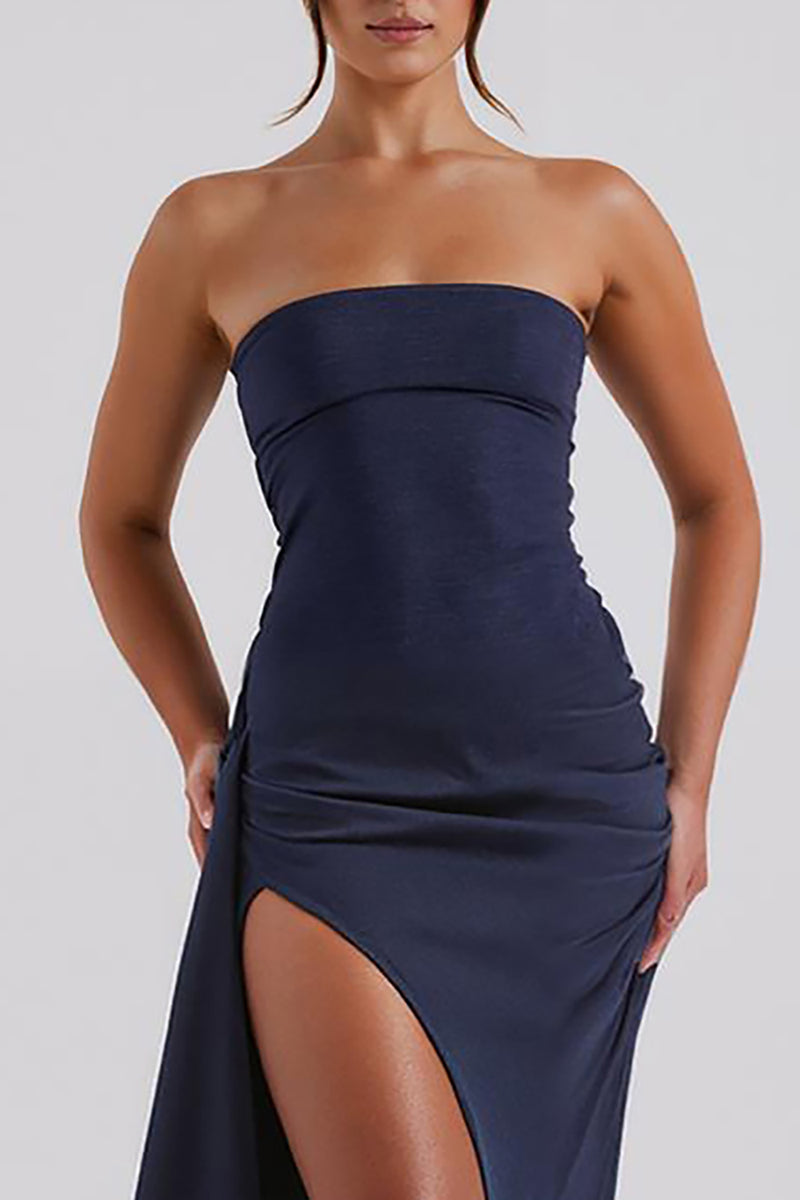 Load image into Gallery viewer, Simple Strapless Sheath Dark Blue Evening Dress with Slit