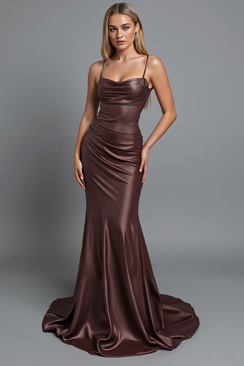 Load image into Gallery viewer, Coffee Satin Ruched Mermaid Spaghetti Straps Long Evening Dress