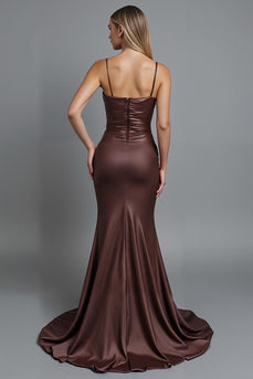 Coffee Satin Ruched Mermaid Spaghetti Straps Long Evening Dress