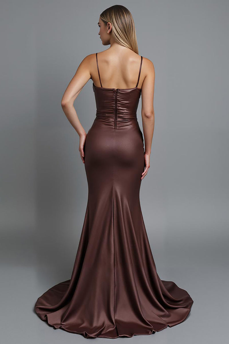 Load image into Gallery viewer, Coffee Satin Ruched Mermaid Spaghetti Straps Long Evening Dress