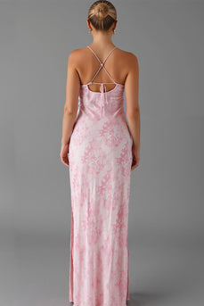 Light Pink Sheath Printed Evening Dress With Slit