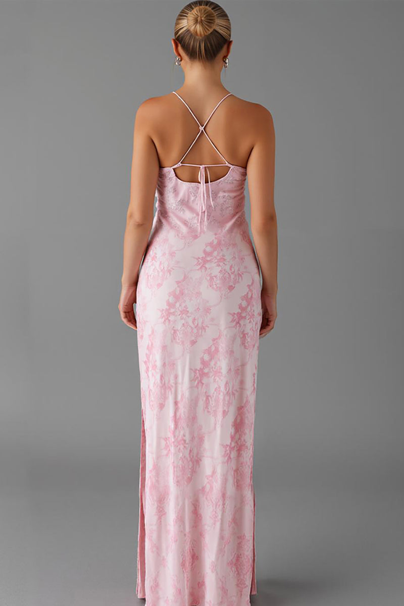 Load image into Gallery viewer, Light Pink Sheath Printed Evening Dress With Slit