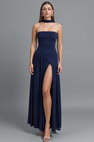 Load image into Gallery viewer, Dark Blue Strapless Sheath Evening Dress With Slit
