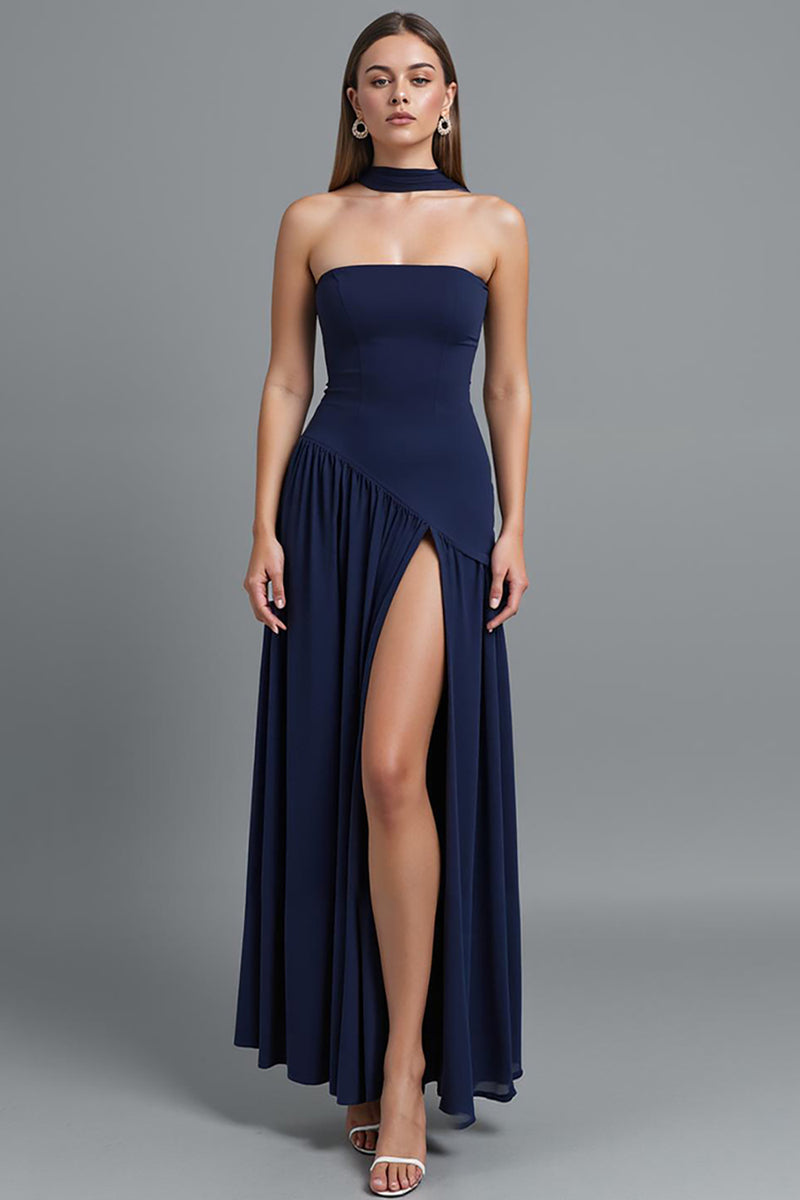 Load image into Gallery viewer, Dark Blue Strapless Sheath Evening Dress With Slit