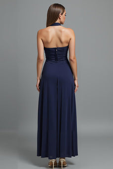 Dark Blue Strapless Sheath Evening Dress With Slit