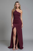 Load image into Gallery viewer, One Shoulder Sheath Burgundy Evening Dress With Slit