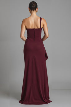 One Shoulder Sheath Burgundy Evening Dress With Slit