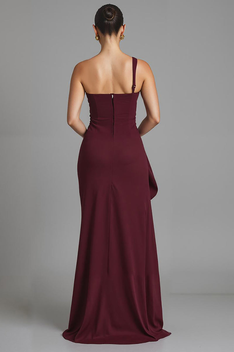 Load image into Gallery viewer, One Shoulder Sheath Burgundy Evening Dress With Slit