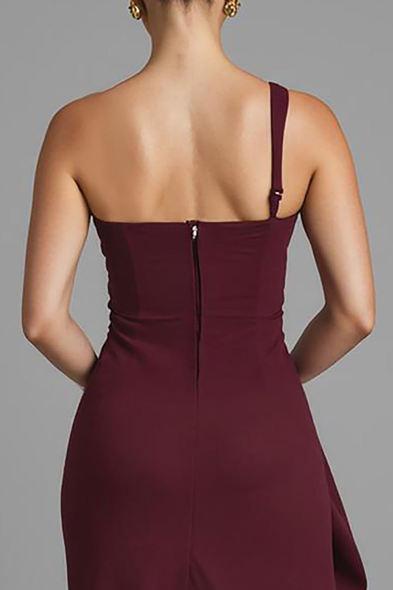 Load image into Gallery viewer, One Shoulder Sheath Burgundy Evening Dress With Slit