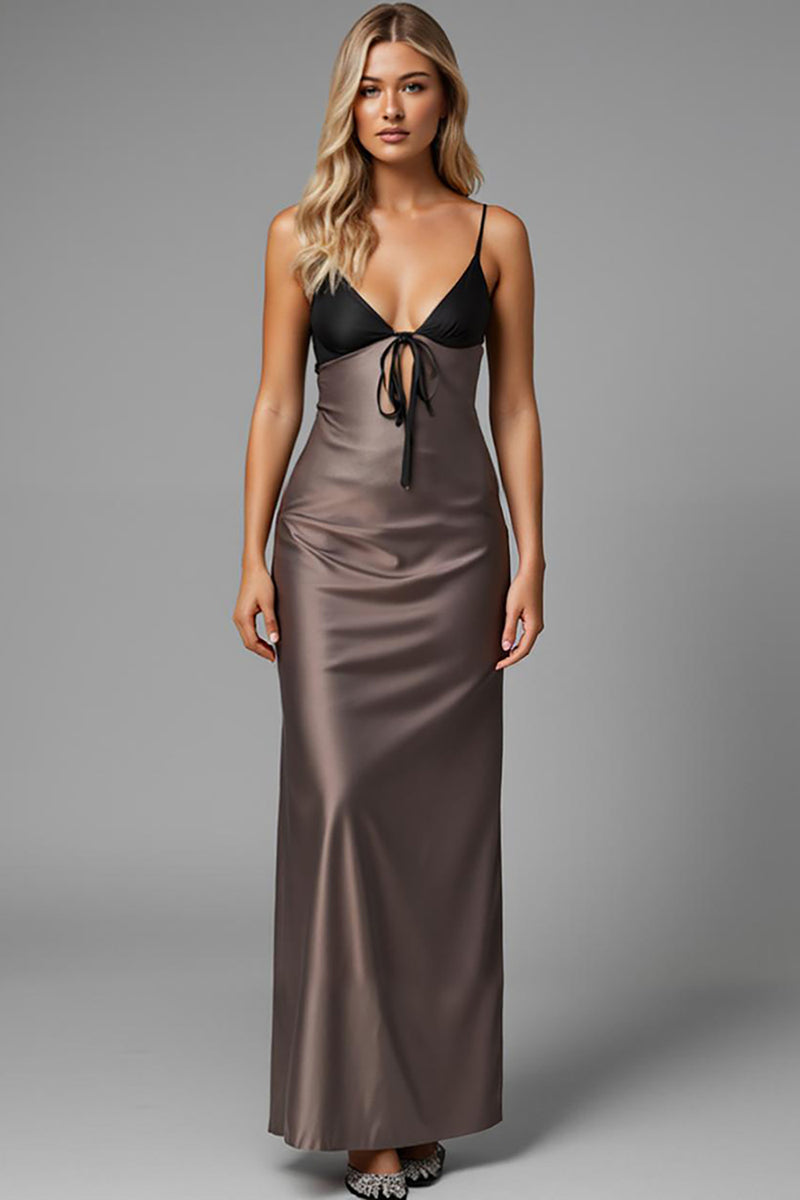 Load image into Gallery viewer, Brown Sheath Satin Long Evening Dress