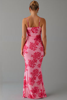Mermaid Printed Pink Evening Dress With Slit