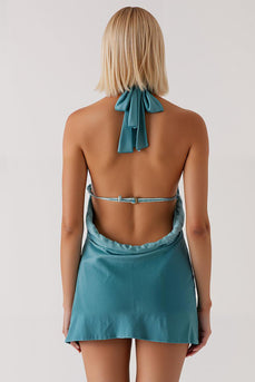 Peacock Green Sheath Halter Keyhole Short Evening Dress