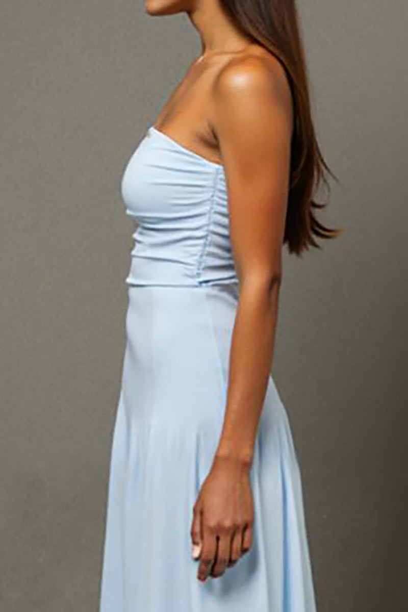 Load image into Gallery viewer, Strapless A-Line Sky Blue Long Evening Dress With Slit
